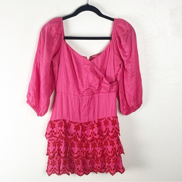 LOVERS + FRIENDS Aella Red Pink Ruffle Embroidered Hem Long Sleeves Dress Small - Picture 1 of 12